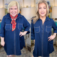 Two images of a woman wearing a blue dress with a red scarf in an indoor setting.