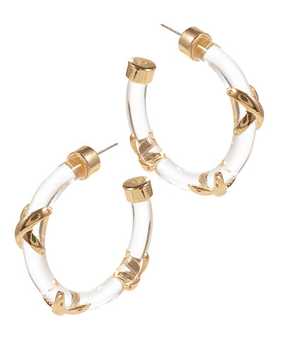Gold accent and clear acrylic hoop earrings on a white background