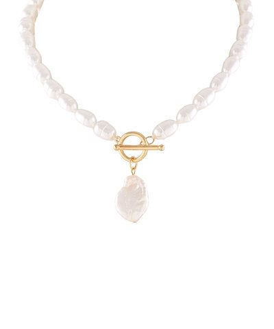 Pearl necklace with a gold clasp on a white background