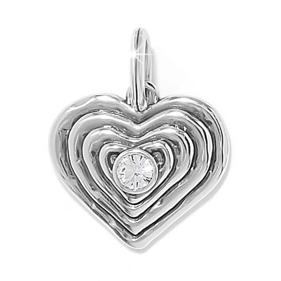 Silver heart-shaped pendant with a central gemstone on a white background