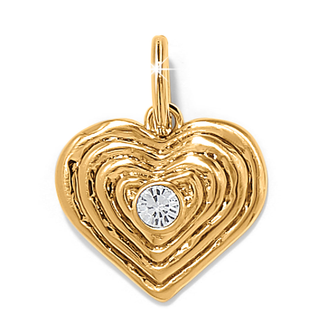 Gold heart-shaped pendant with a central gemstone on a white background