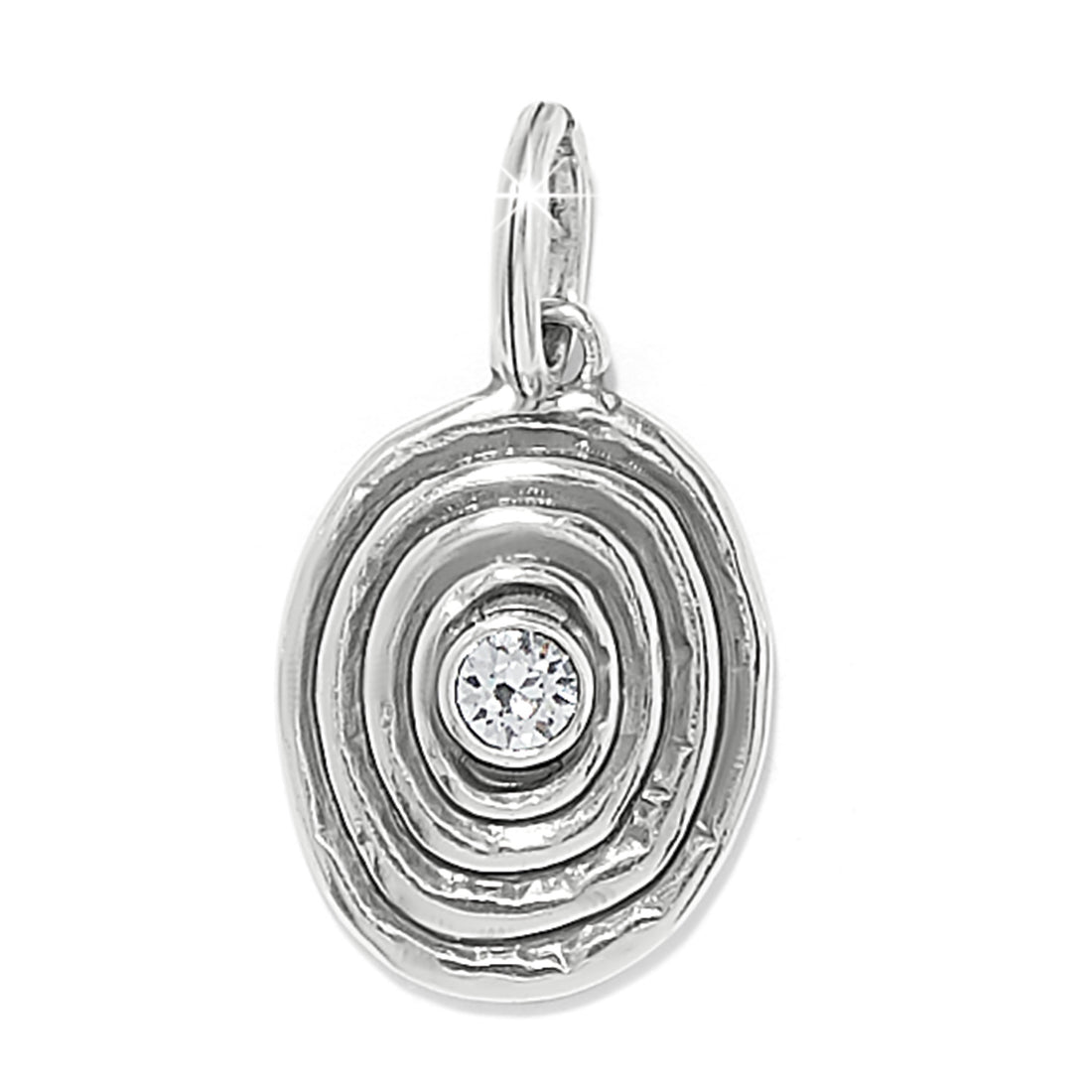 Silver pendant with a central gemstone on a white background