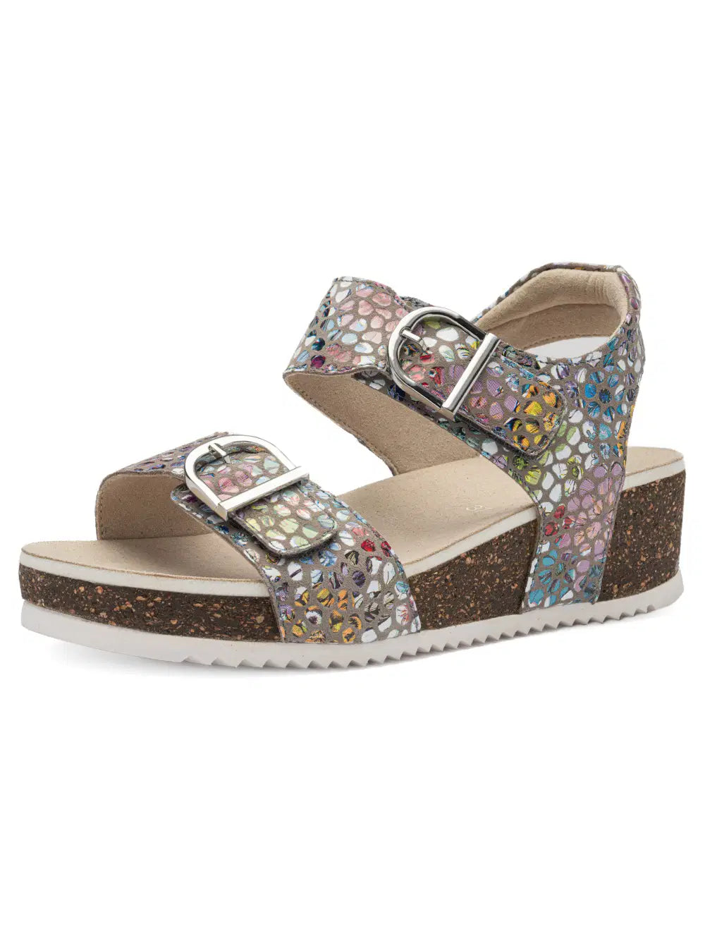 Multicolored sandal with floral pattern and buckles on a white background