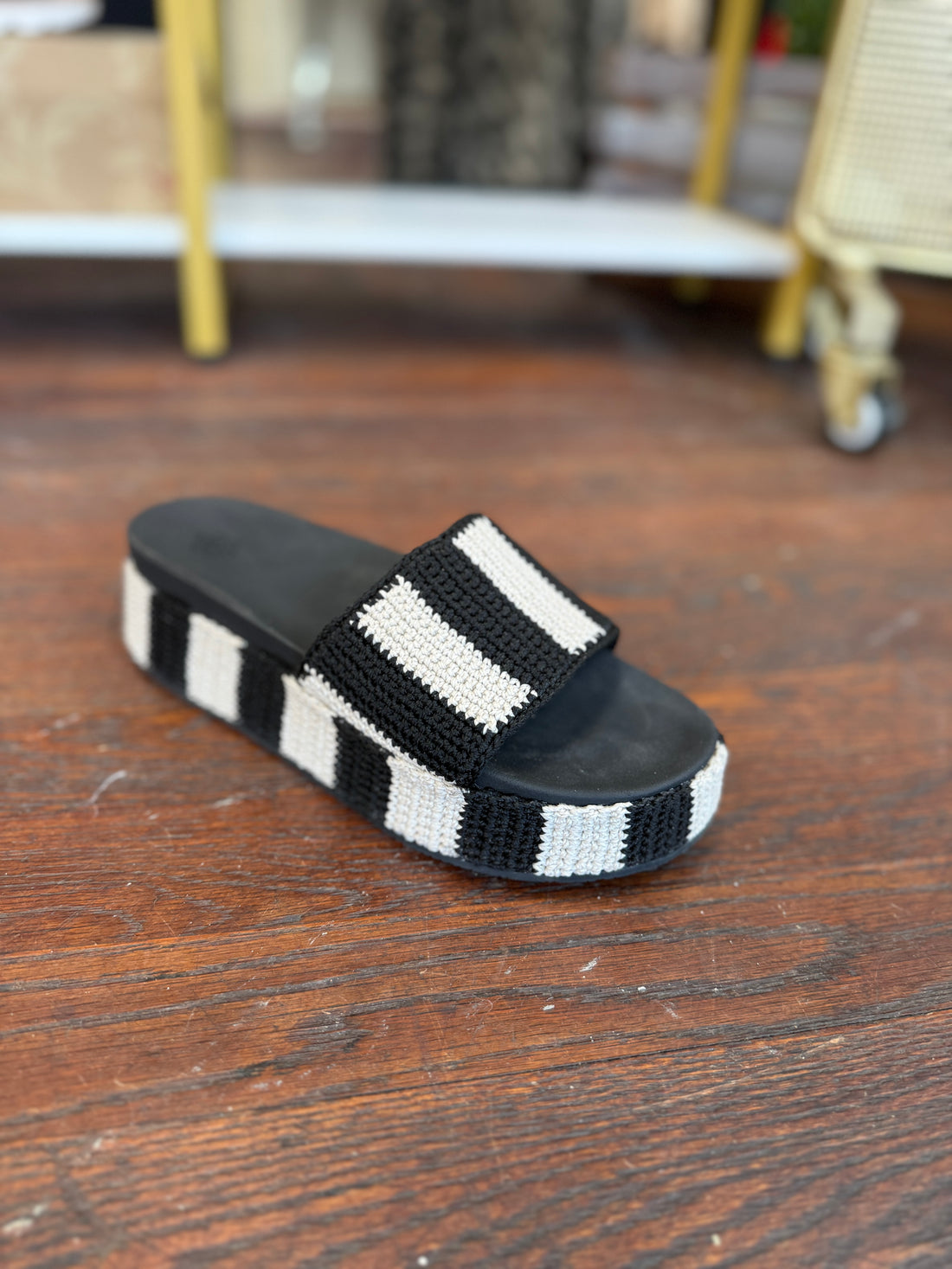 Black and white striped slide platform sandal