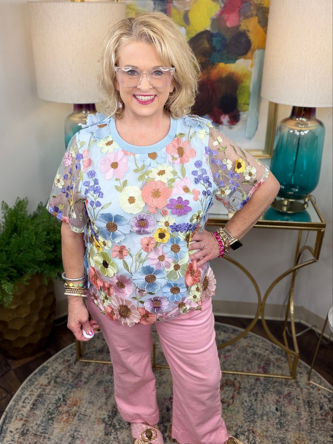 Woman wearing a floral top