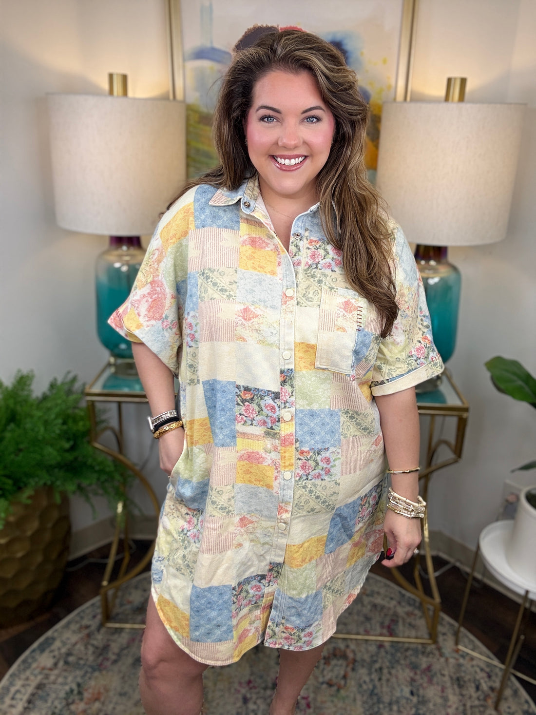 Woman wearing denim patchwork button down dress