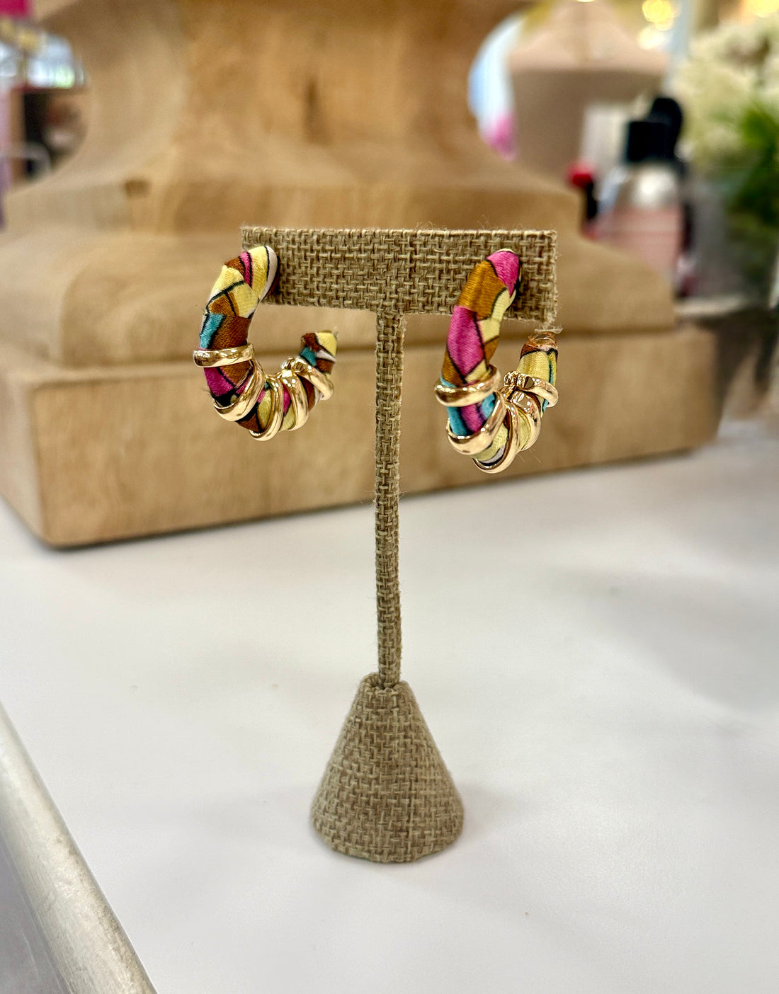 Colorful silk hoop earring with gold detail