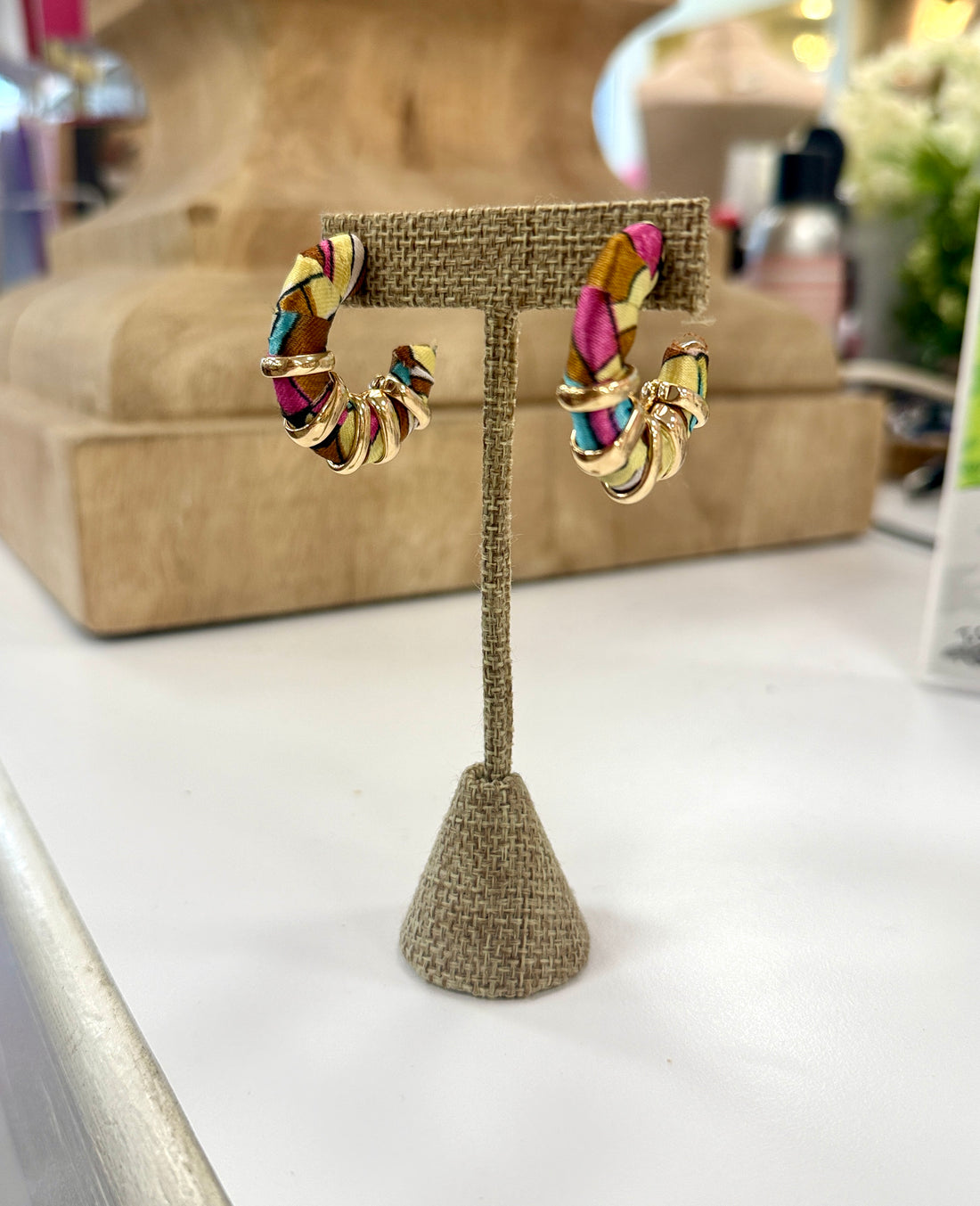 Colorful silk hoop earring with gold detail