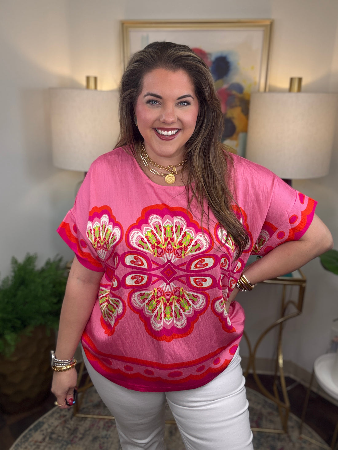 Woman wearing a pink floral top
