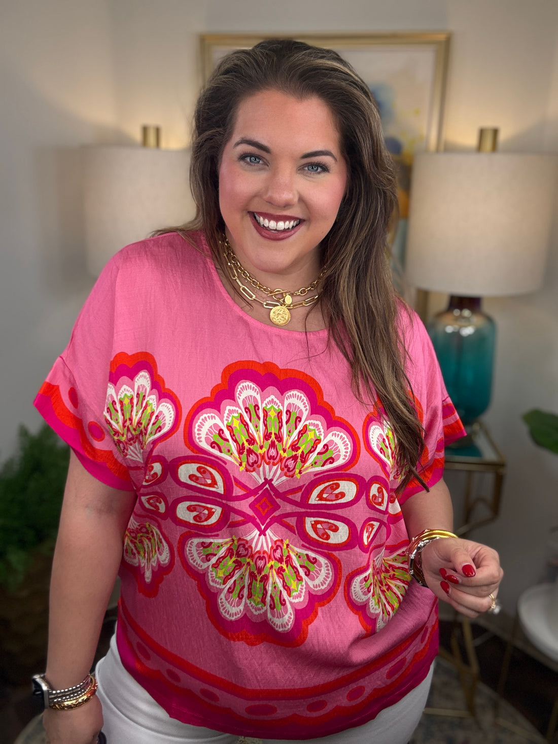 Woman wearing a pink floral top