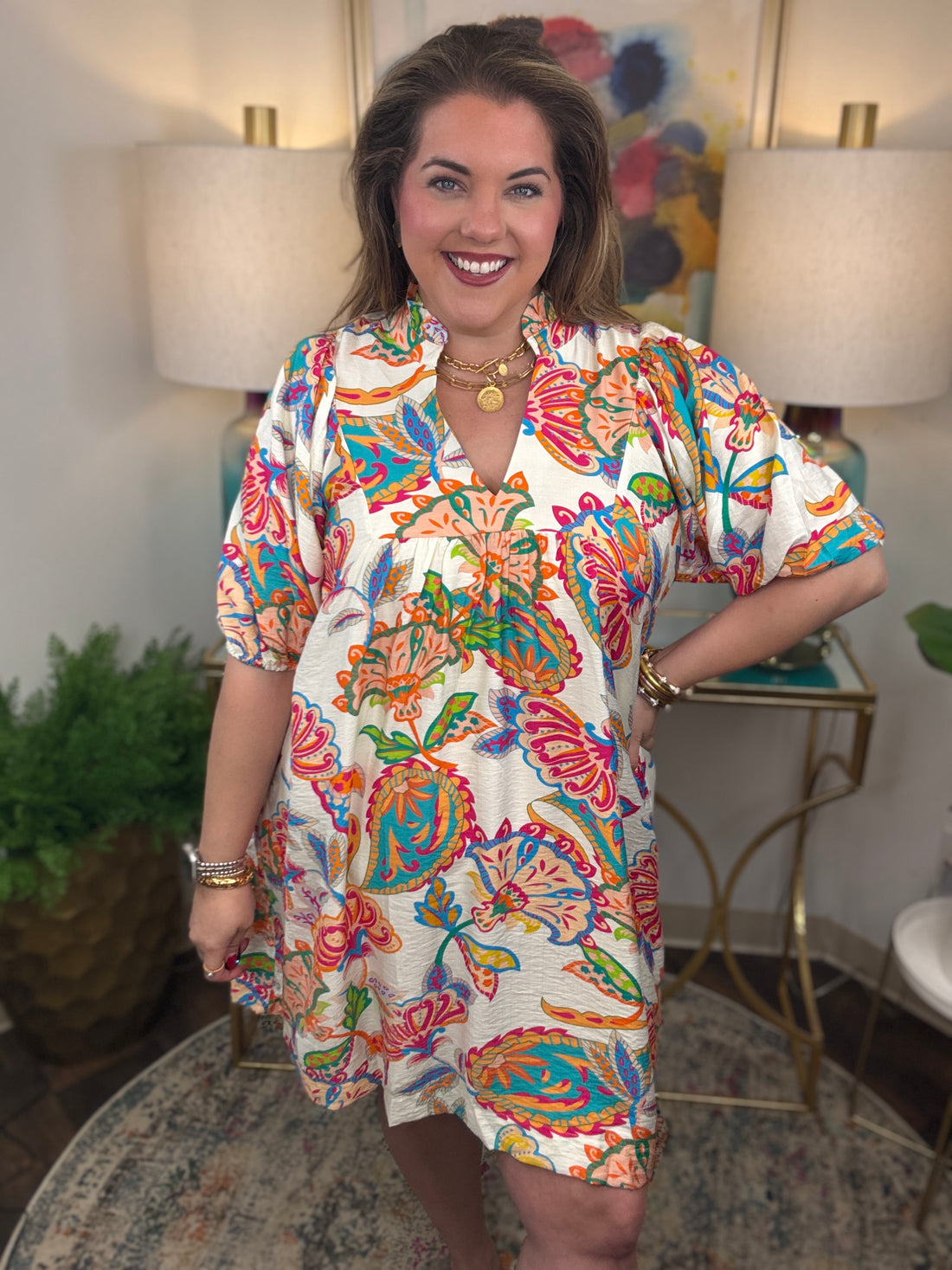 Woman wearing a colorful floral dress