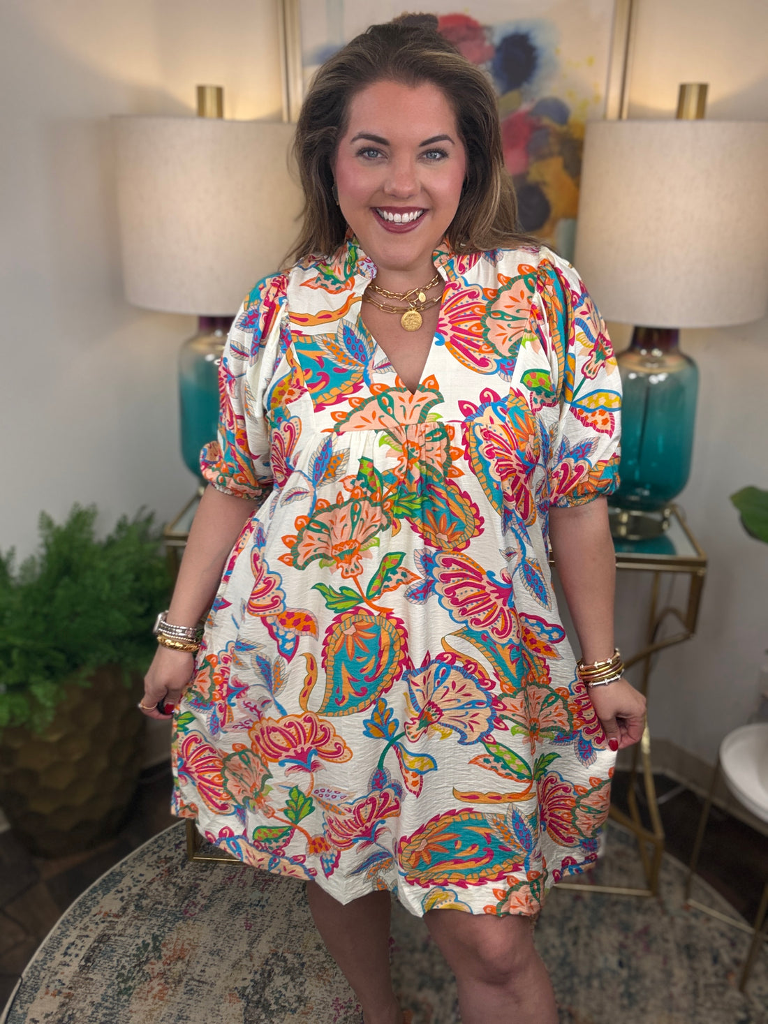 Woman wearing a colorful floral dress