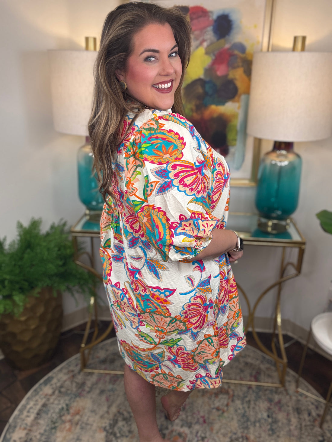 Woman wearing a colorful floral dress