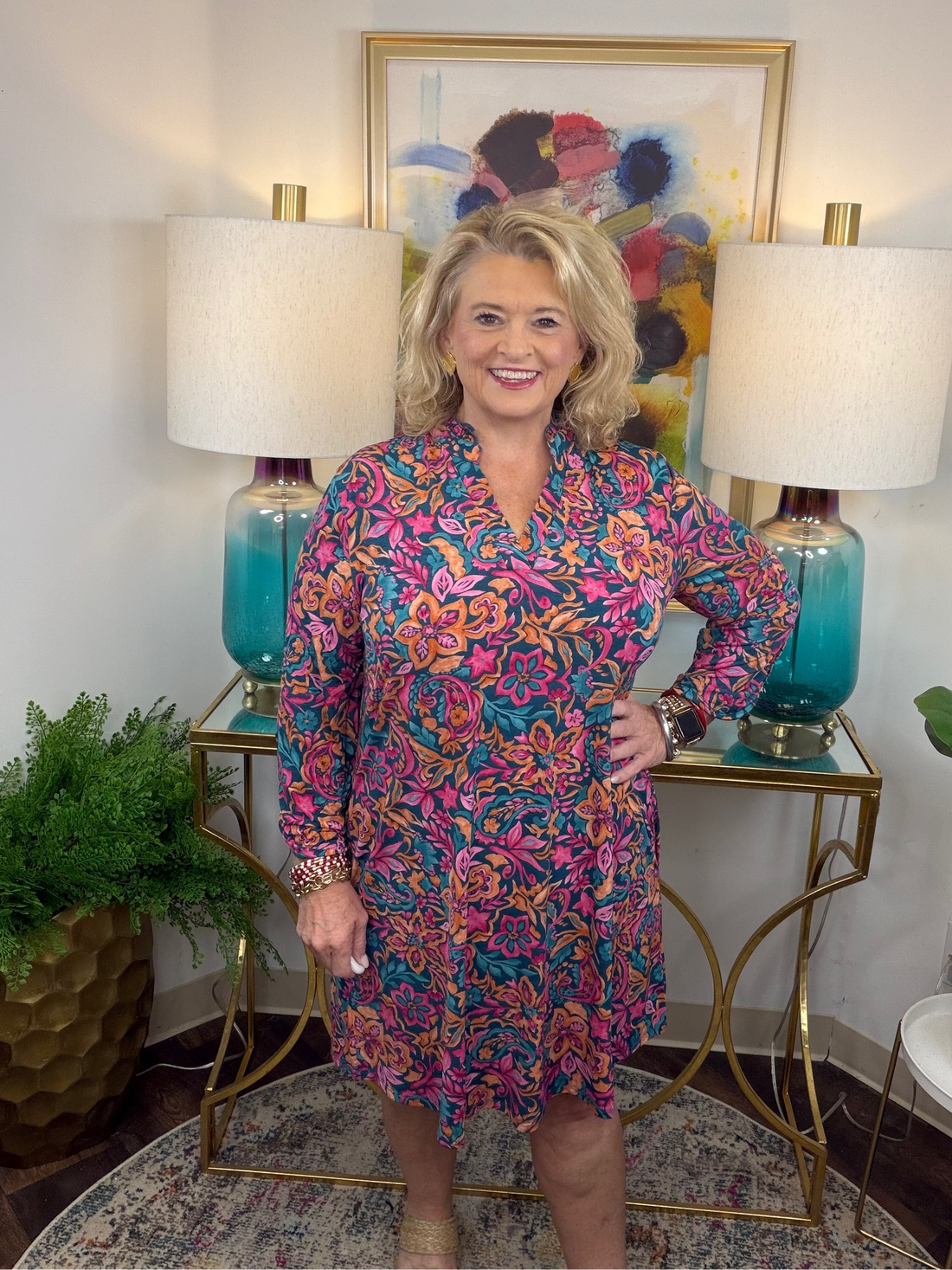 Dear Scarlett stretchy colorful floral dress with pink orange blue and teal tones