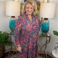 Dear Scarlett stretchy colorful floral dress with pink orange blue and teal tones
