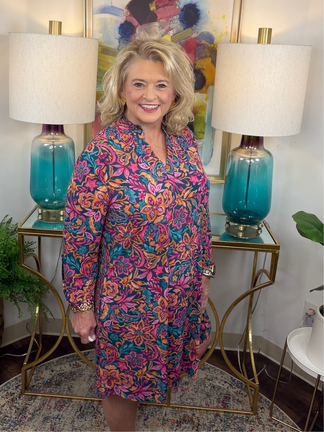 Dear Scarlett stretchy colorful floral dress with pink orange blue and teal tones
