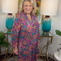 Dear Scarlett stretchy colorful floral dress with pink orange blue and teal tones