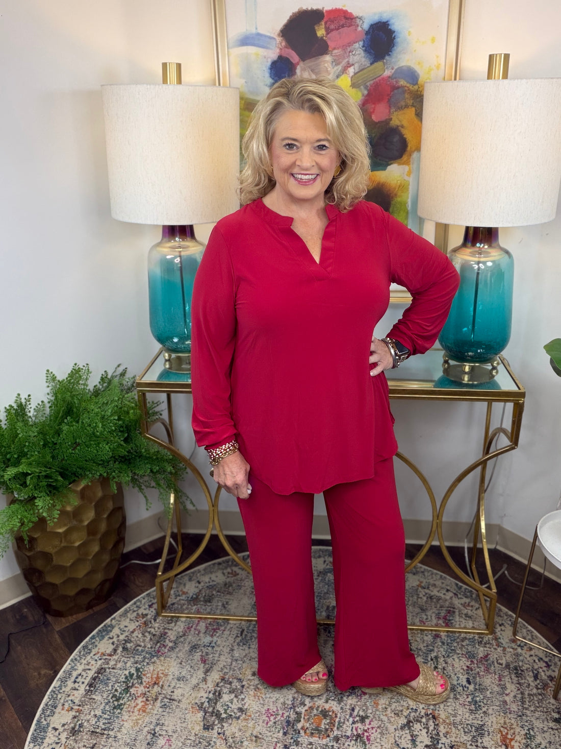 Dear Scarlett matching available in black, chocolate, plum, and red with V-neck and curved hem