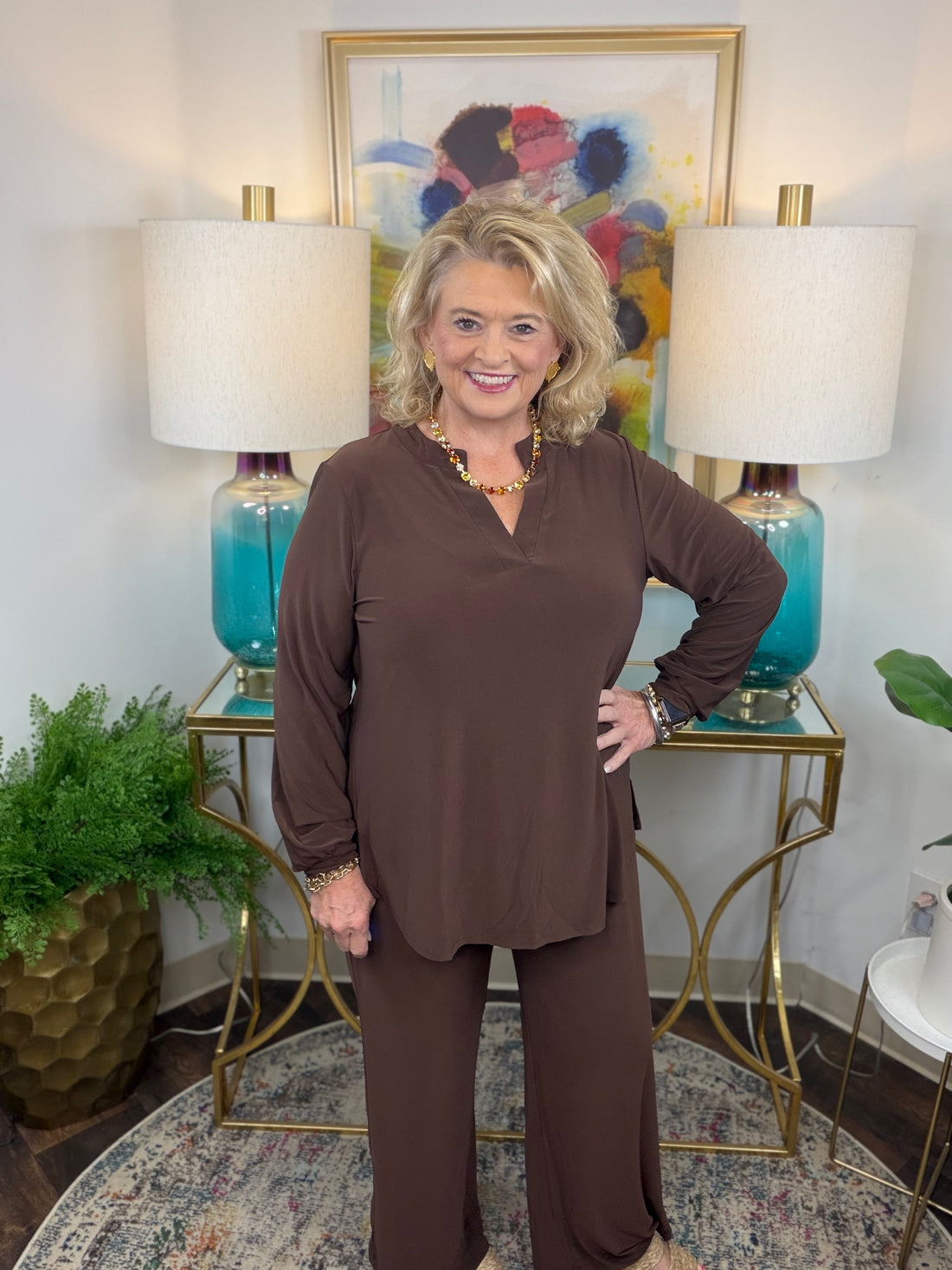 Dear Scarlett matching available in black, chocolate, plum, and red with V-neck and curved hem
