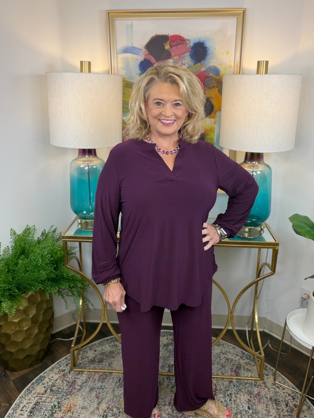 Dear Scarlett matching available in black, chocolate, plum, and red with V-neck and curved hem