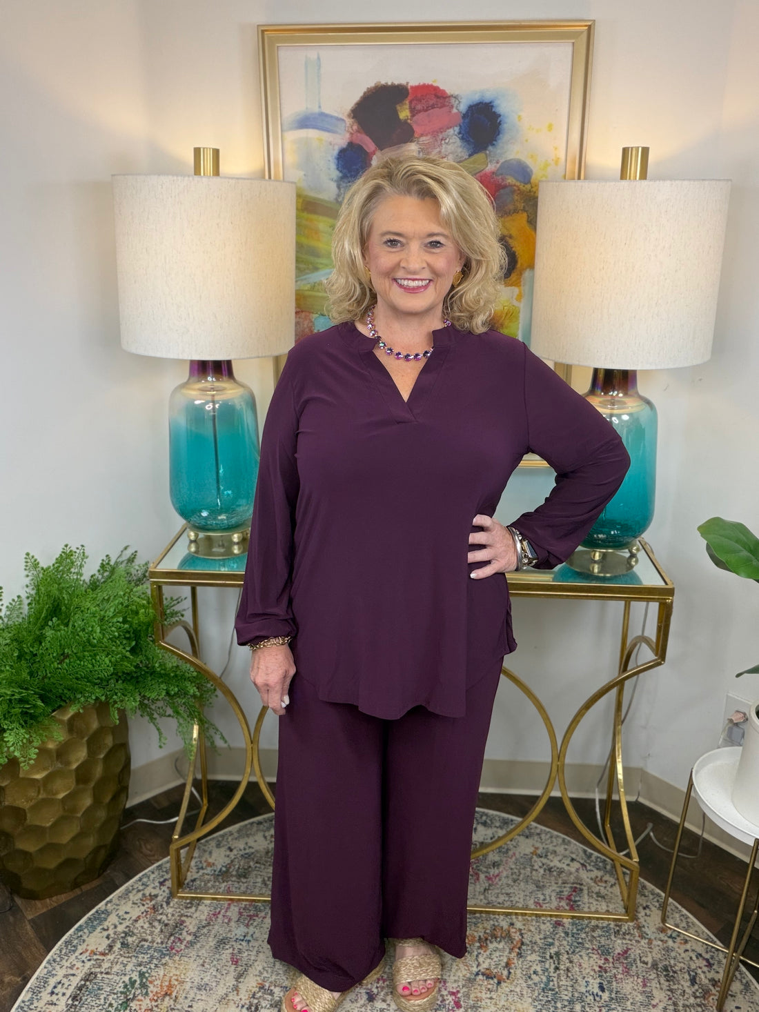 Dear Scarlett matching available in black, chocolate, plum, and red with V-neck and curved hem