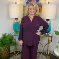 Dear Scarlett matching available in black, chocolate, plum, and red with V-neck and curved hem