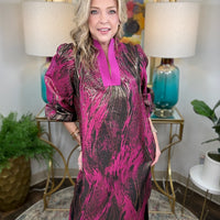Women's long sleeve jacquard maxi dress with vibrant abstract pattern