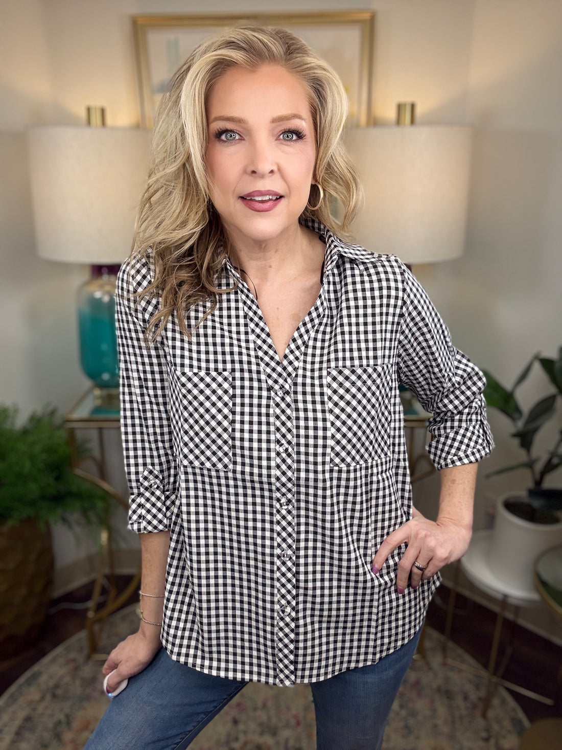 Absolute Delight Top, a classic black and white gingham button-down top with a timeless checkered pattern.