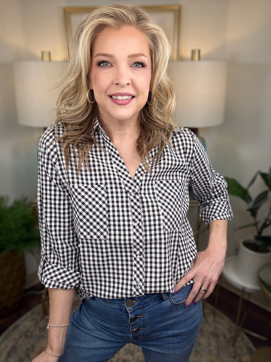 Absolute Delight Top, a classic black and white gingham button-down top with a timeless checkered pattern.