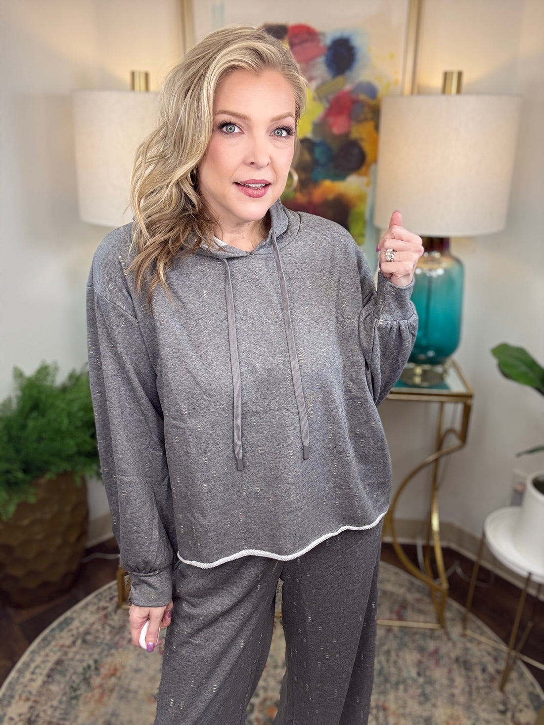 Gray lightweight hoodie with slight cropped length