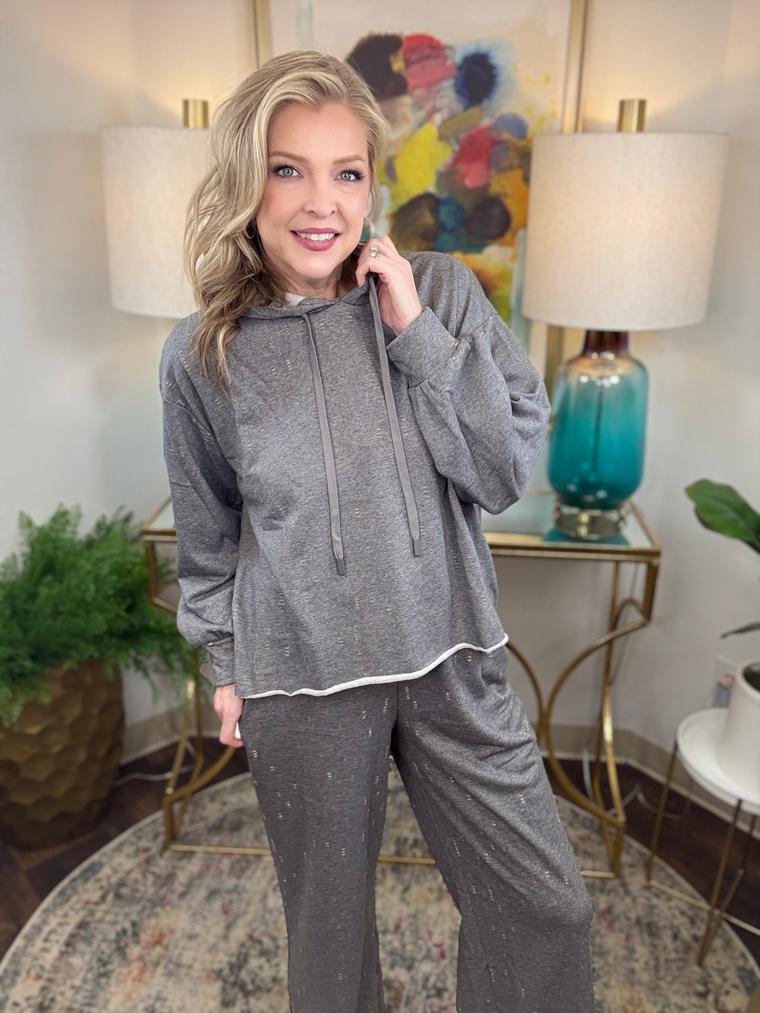 Gray lightweight hoodie with slight cropped length