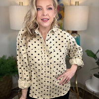 Women's cream denim with black polkadots shacket with oversized fit