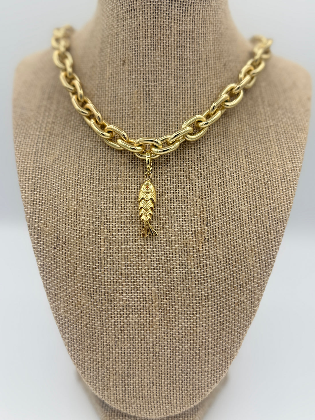 Gold fish charm with crystal eye and carabiner clasp