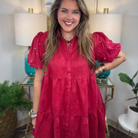 Women's faux suede button down dress available in black and crimson