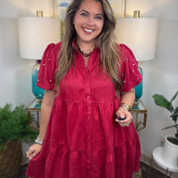 Women's faux suede button down dress available in black and crimson