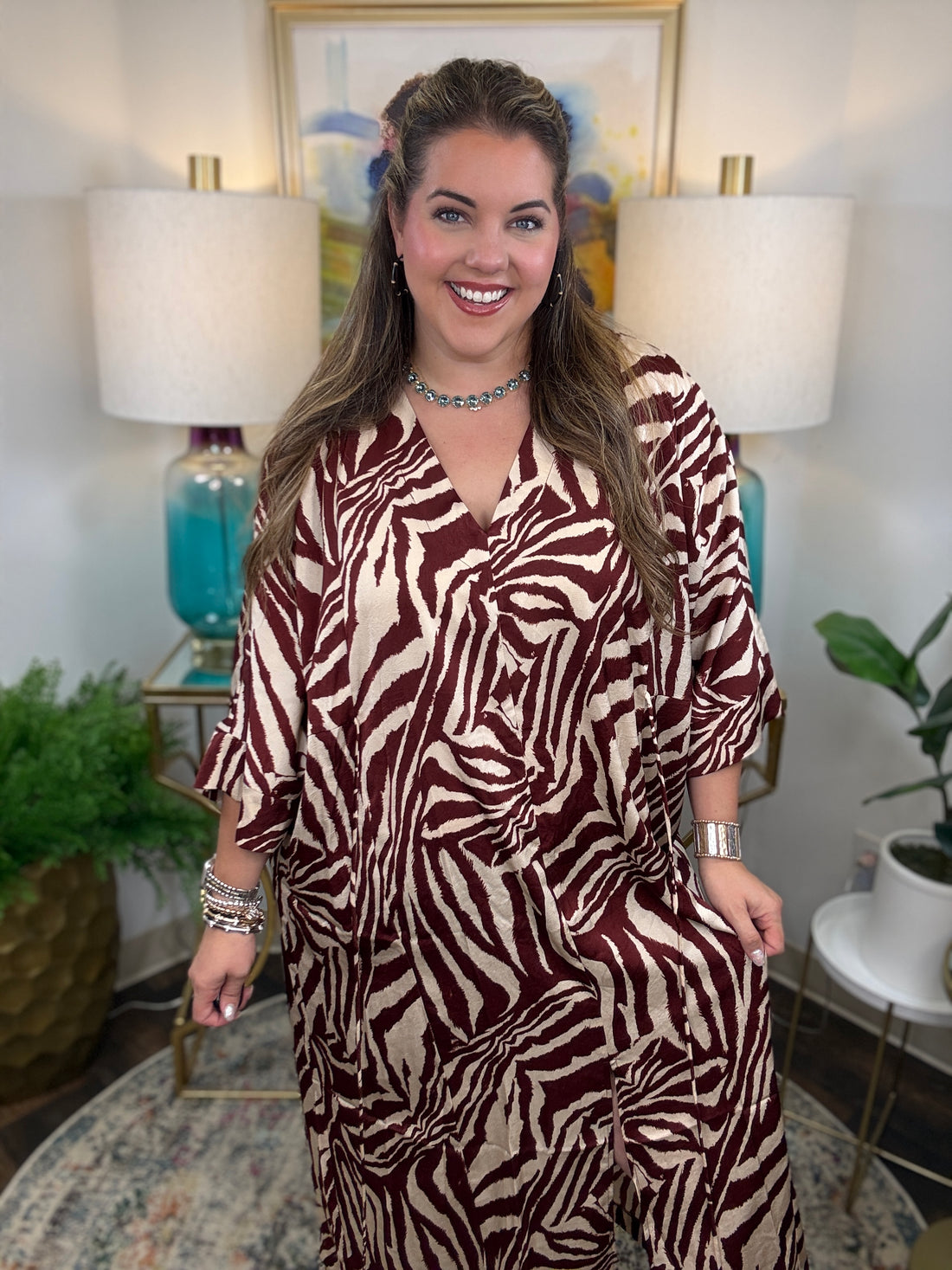 Cream silky kaftan dress with chocolate zebra print with optional waist tie
