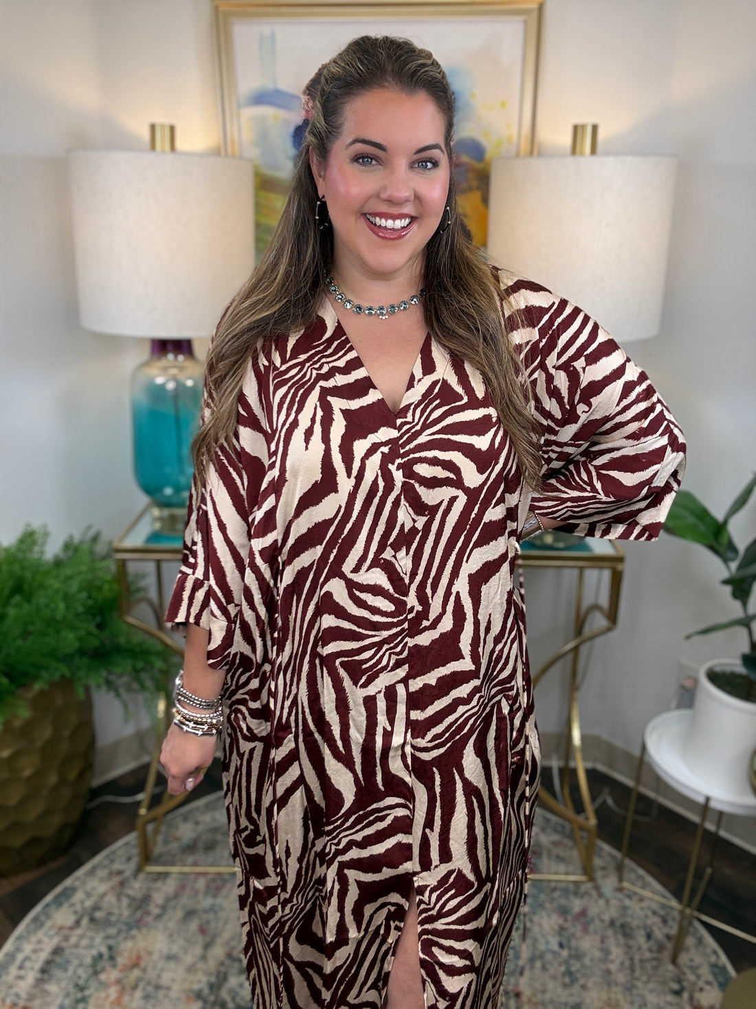 Cream silky kaftan dress with chocolate zebra print with optional waist tie
