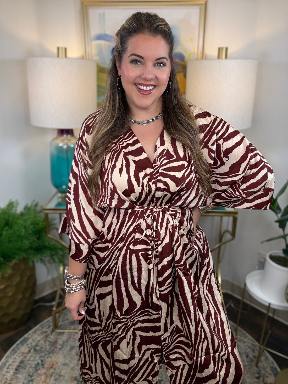 Cream silky kaftan dress with chocolate zebra print with optional waist tie