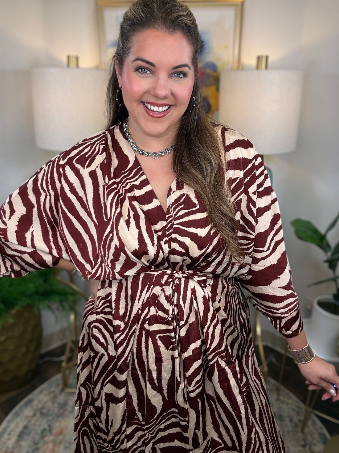 Cream silky kaftan dress with chocolate zebra print with optional waist tie