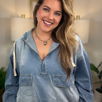 Oversized denim hooded pullover with zipper neckline