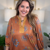Flowing faux suede fall floral top in warm autumn colors