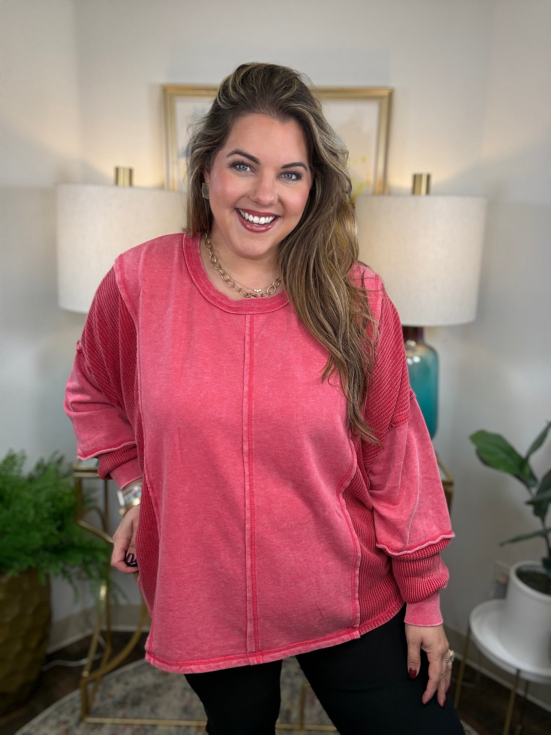 Washed red relaxed fit curvy pullover top with waffle knit sleeves