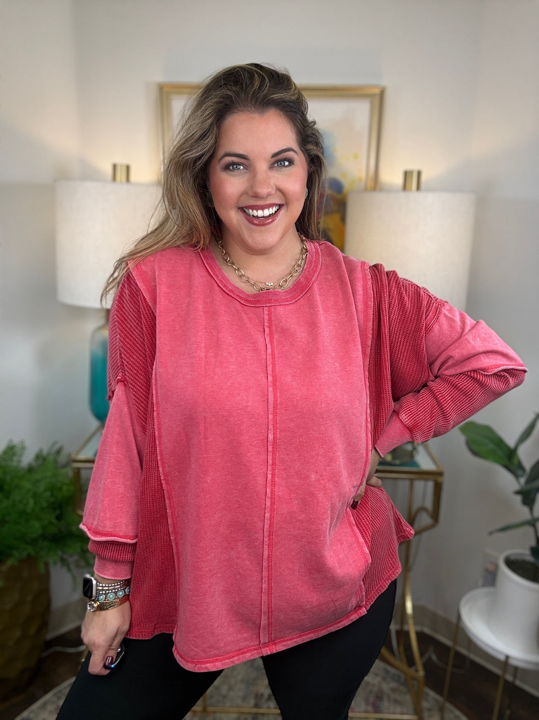 Washed red relaxed fit curvy pullover top with waffle knit sleeves
