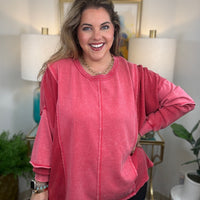 Washed red relaxed fit curvy pullover top with waffle knit sleeves