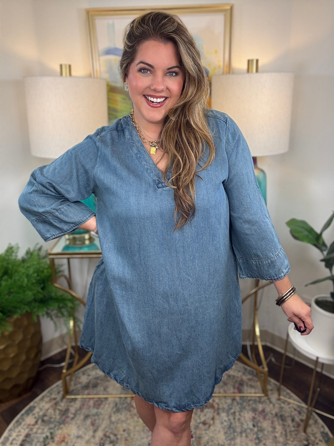 Denim shift dress with bell sleeves and back neck tie