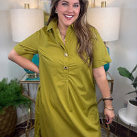 Women's chartreuse everyday dress with gold statement buttons