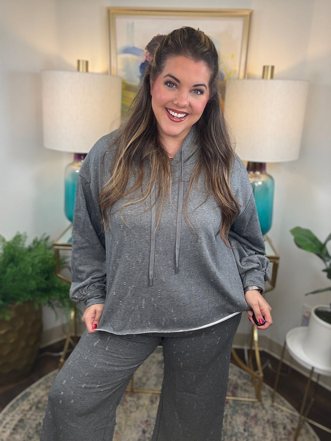 Gray lightweight hoodie with slight cropped length