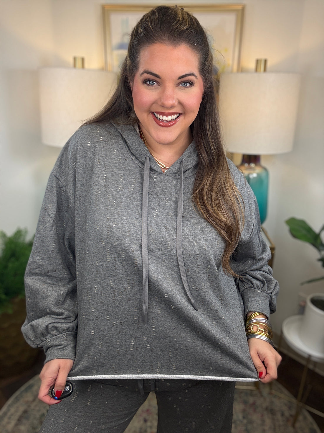Gray lightweight hoodie with slight cropped length
