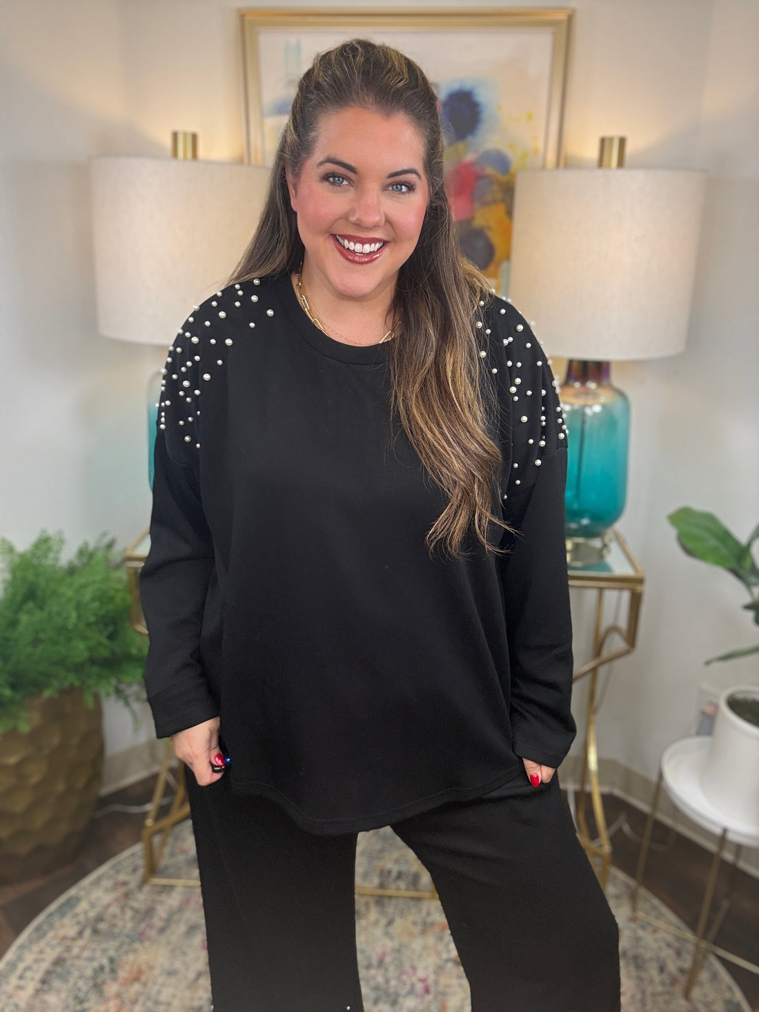 Black scuba matching set with pearl detailing on shoulders and pants