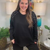 Black scuba matching set with pearl detailing on shoulders and pants